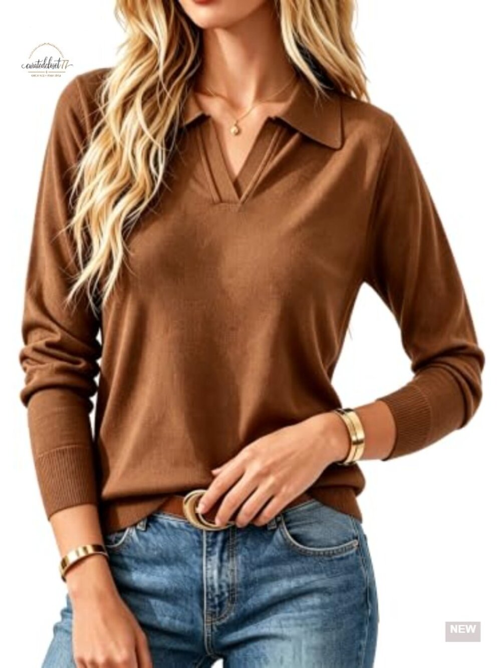 Womens Polo Sweater Lightweight Knit Collared Pullover Top